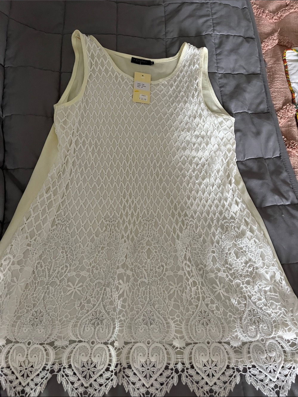 Lace Overlay Sleeveless Tunic Top in Cream
